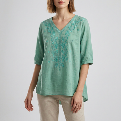 Women's Relaxed Fit V-Neck Blouse Embroidered Floral White - 
Fashinoza