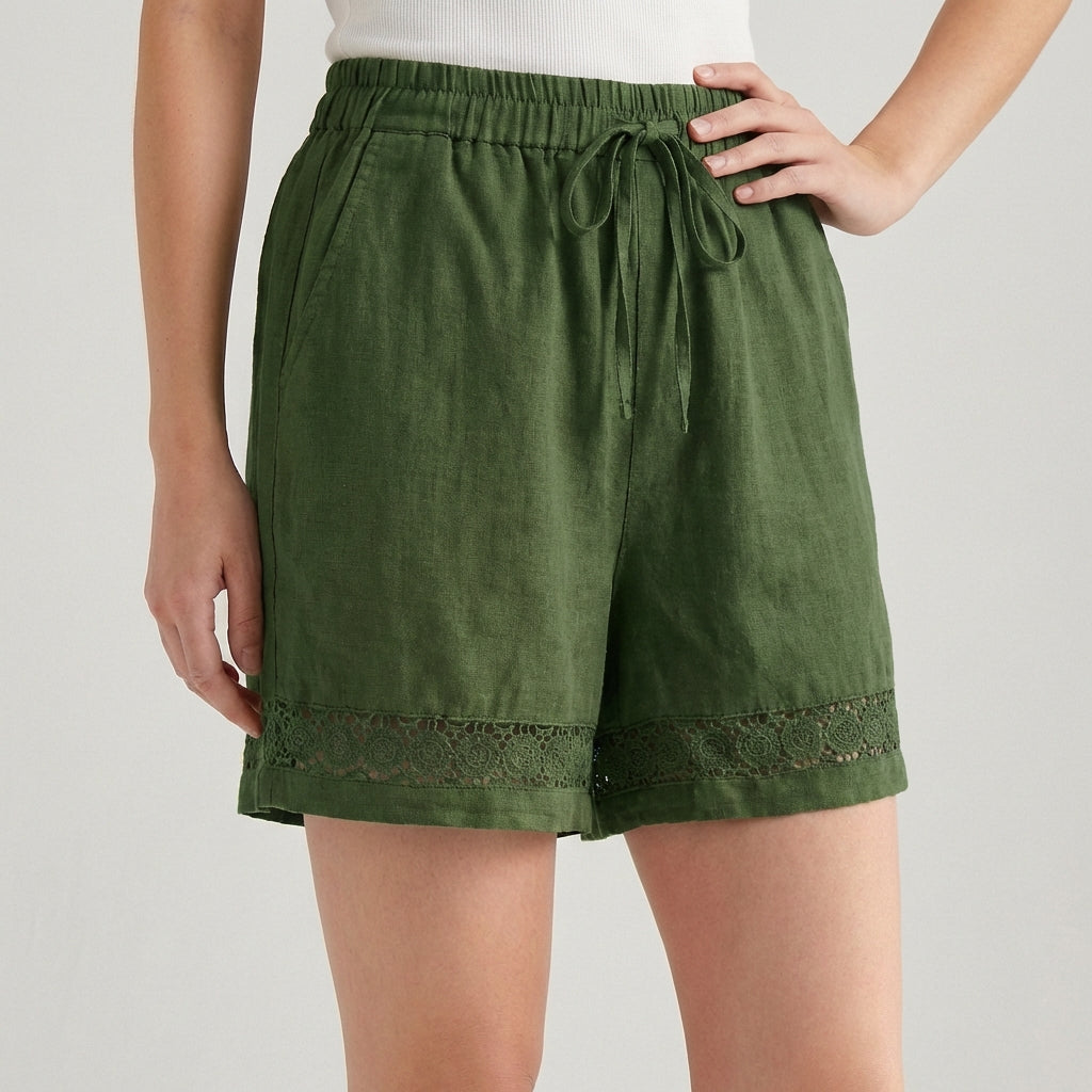 Women's Wide Leg Mini Shorts Lace Trim Drawstring Waist