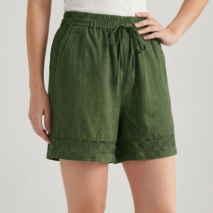 Women's Wide Leg Mini Shorts Lace Trim Drawstring Waist