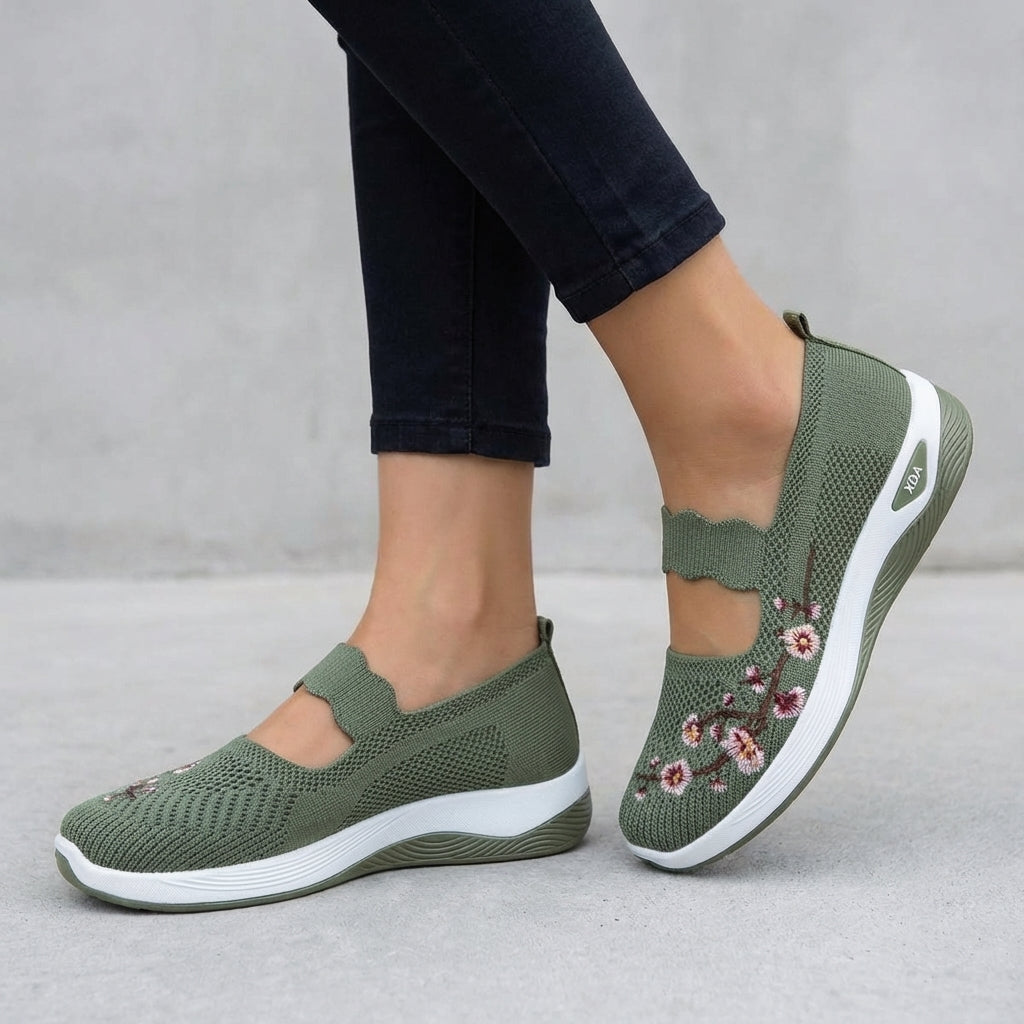 Women's Knit Mary Jane Flats Floral Embroidery