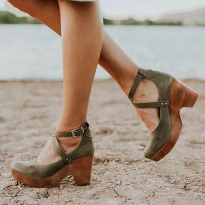 Women's Block Heel Shoes Ankle Strap Buckle Closure