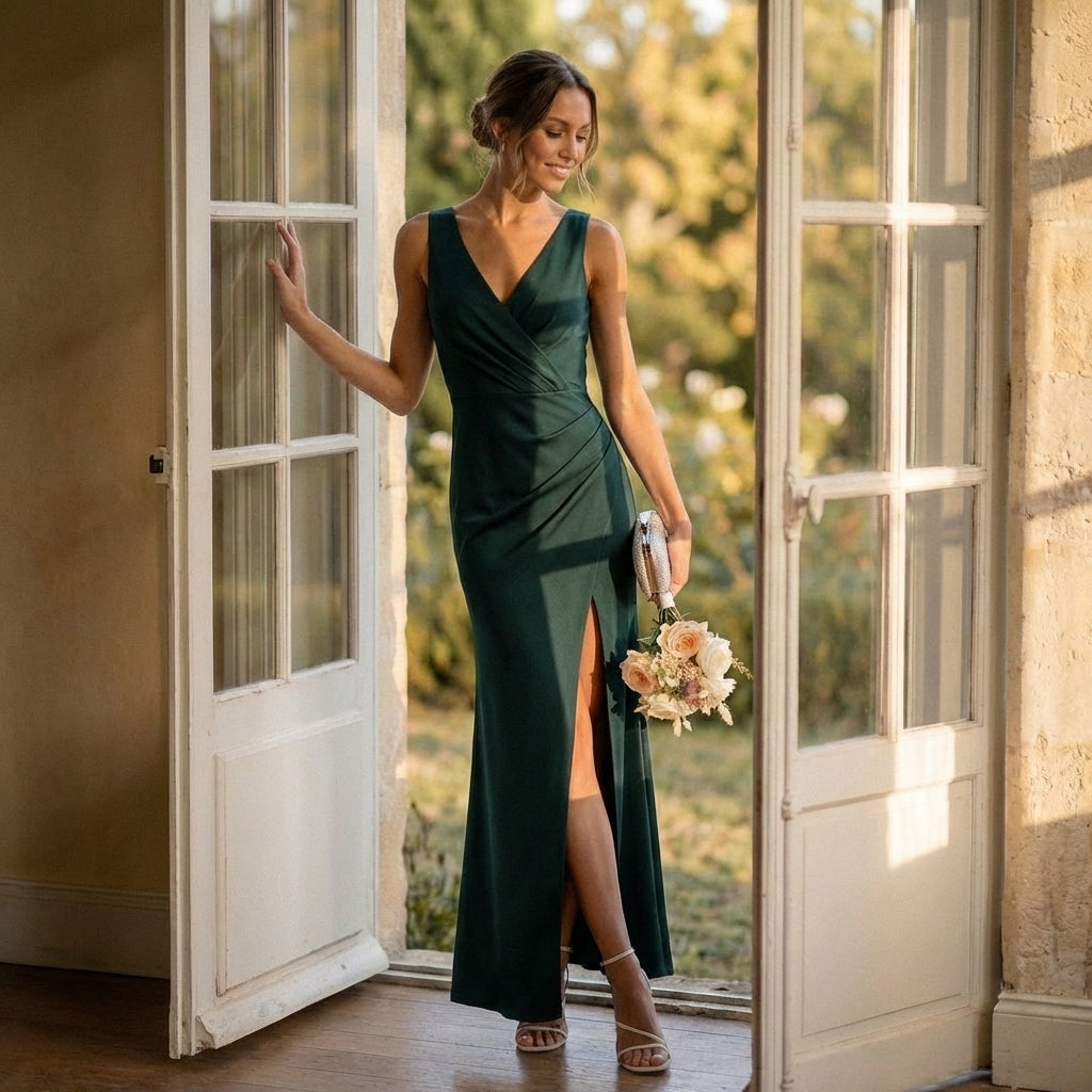 Women's Fitted Maxi Dress V-Neck Wrap High Slit - 
Fashinoza