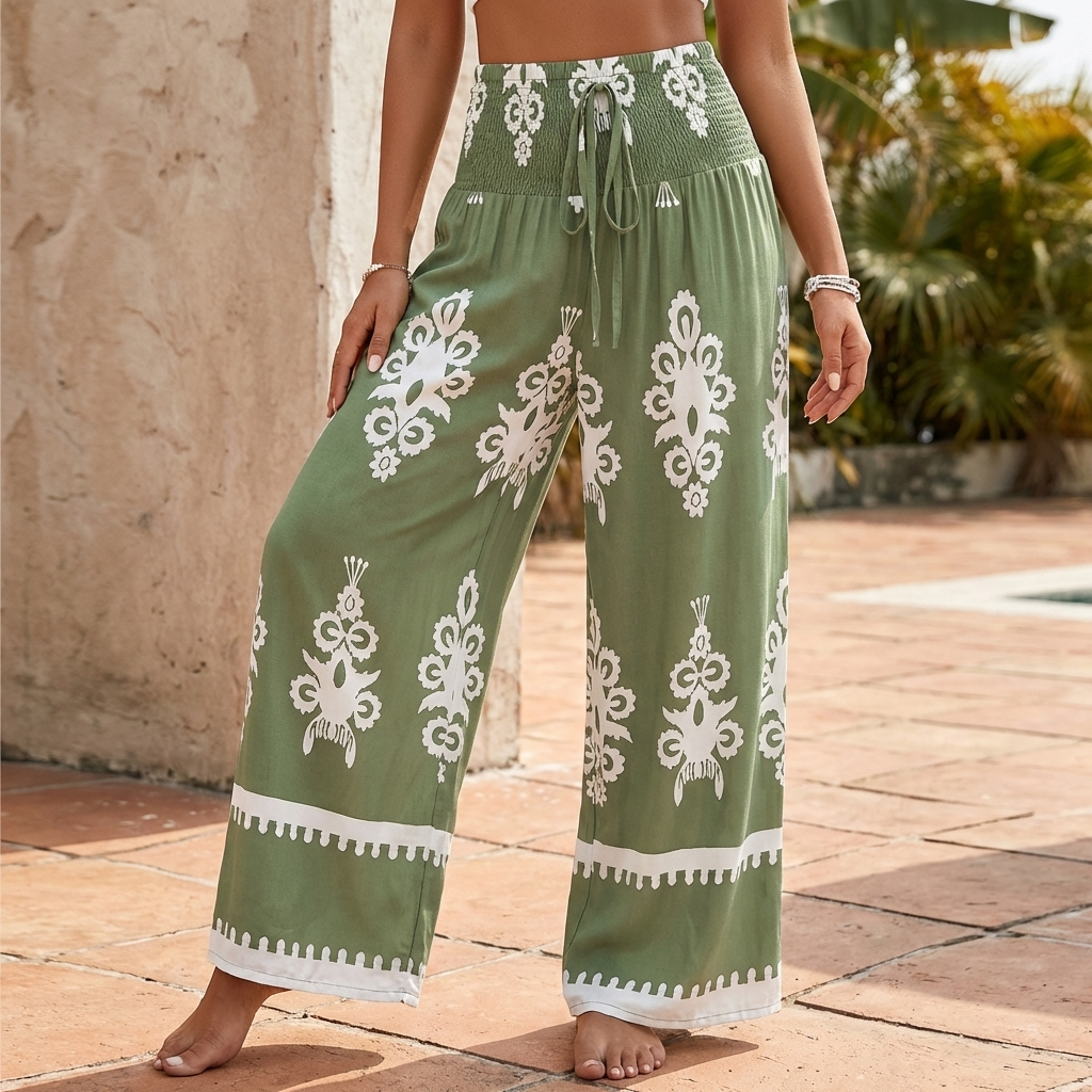 Wide Leg Boho Pants Flowing Gathered Waist Decorative Hem - 
Fashinoza