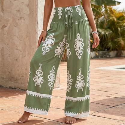 Wide Leg Boho Pants Flowing Gathered Waist Decorative Hem - 
Fashinoza