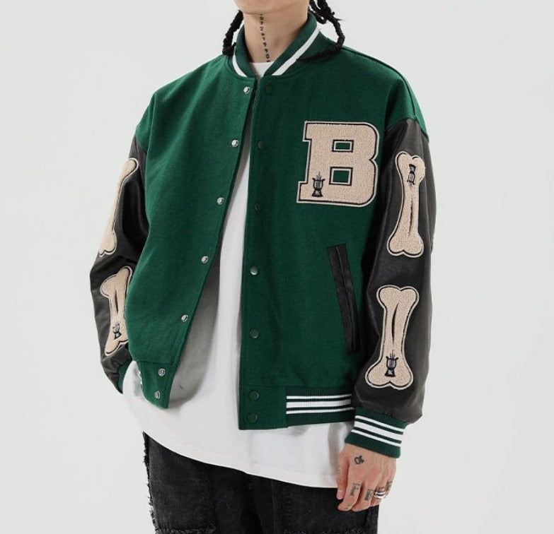 Women's Graphic Varsity Bomber Jacket Bone Sleeve Design - Fashinoza