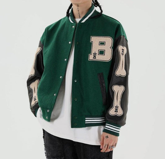Women's Graphic Varsity Bomber Jacket Bone Sleeve Design - Fashinoza