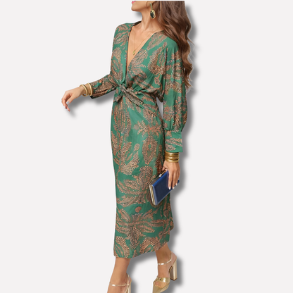 Women's Midi Dress Printed Knot Front Deep V Neck - Fashinoza