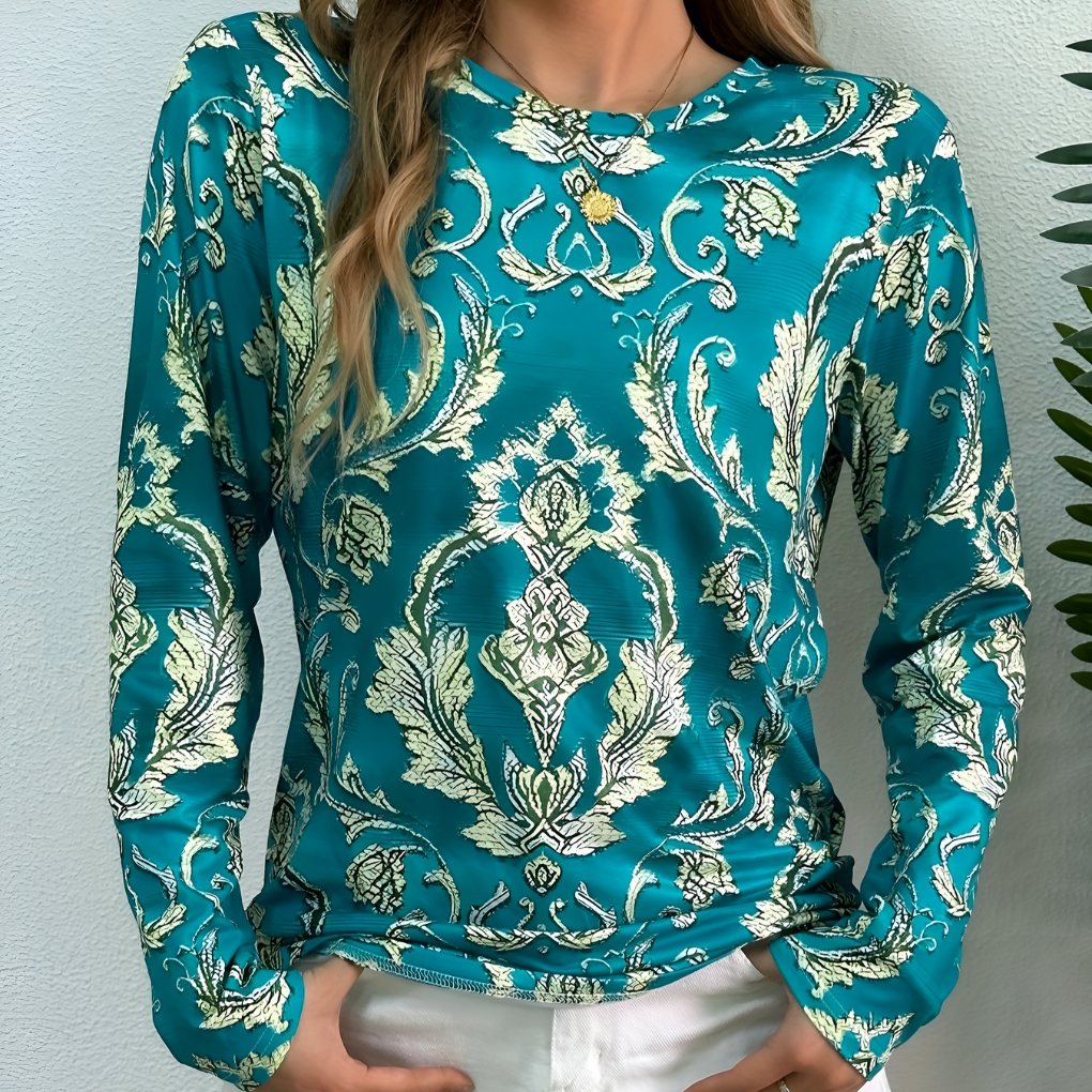 Women's Green Long-Sleeve Blouse Round Neck