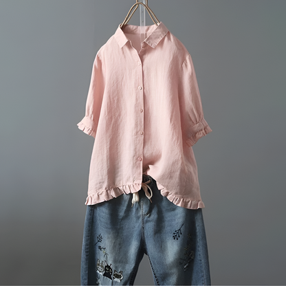 Women's Cotton Button Down Blouse Ruffled Hem