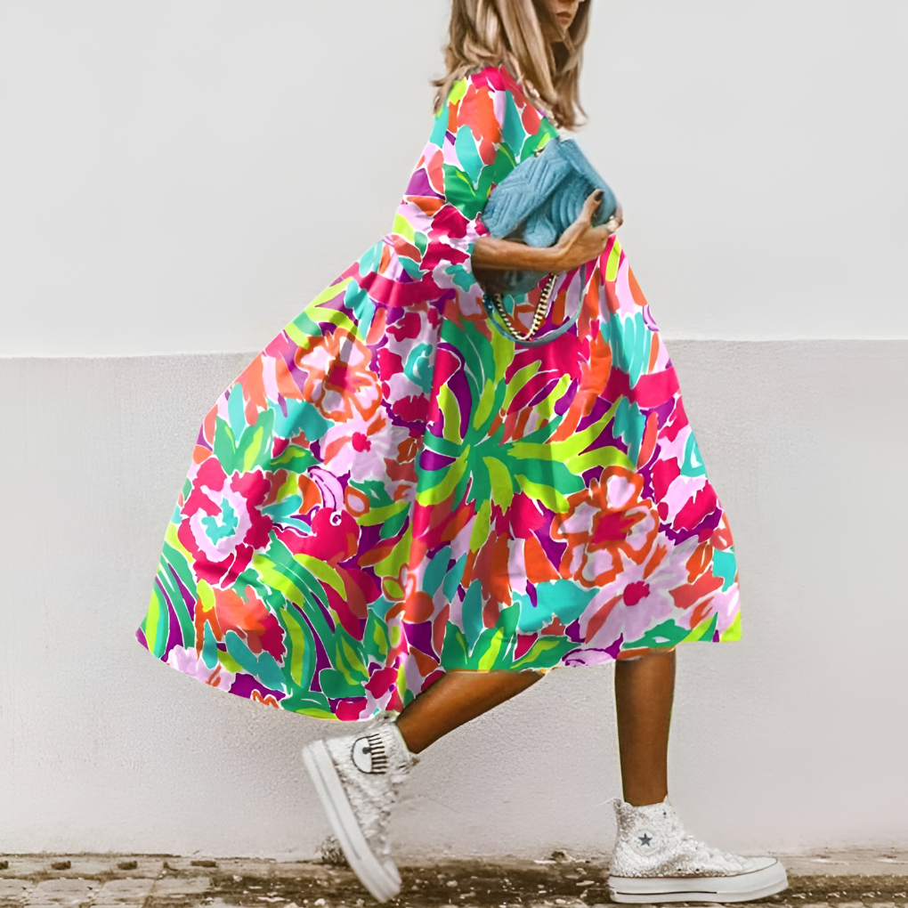 Women's Floral Midi Dress Oversized Cotton