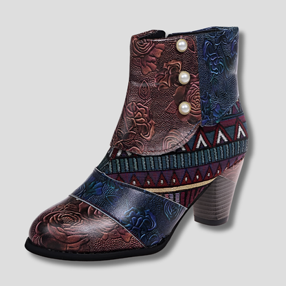 Women's Embossed Leather Ankle Boots Chunky Heel Floral