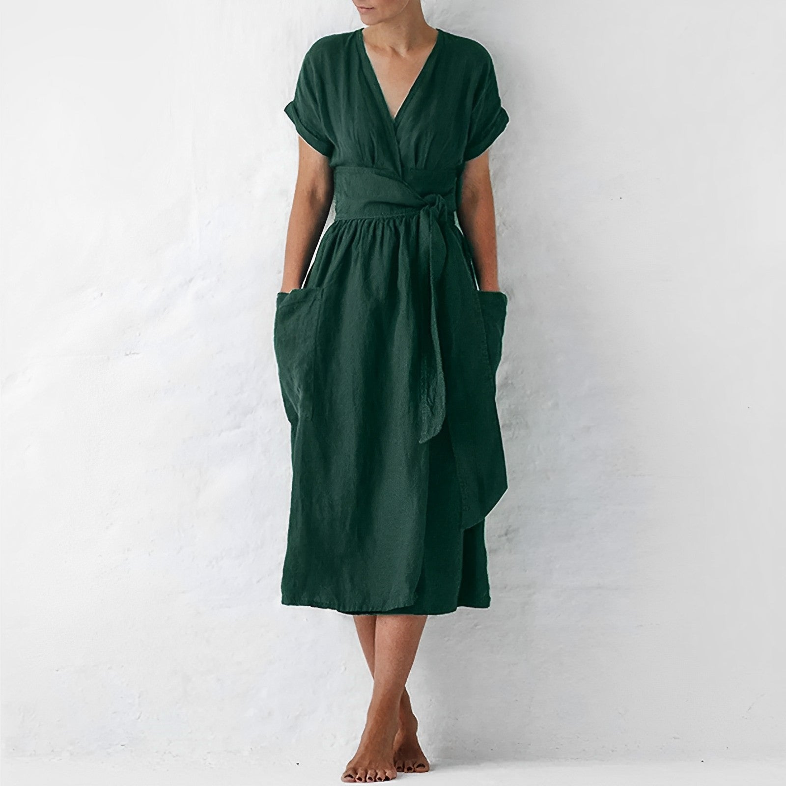 Women's Linen Midi Wrap Dress with Pockets - 
Fashinoza