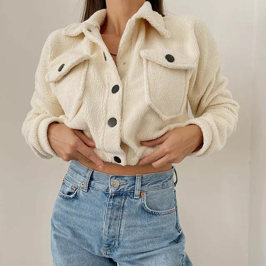 Women's Cropped Bomber Jacket Cotton Button Front Flap Pockets - Fashinoza