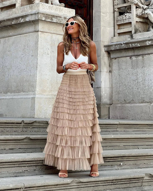 Women's Tulle Maxi Skirt Elastic Waistband - Fashinoza