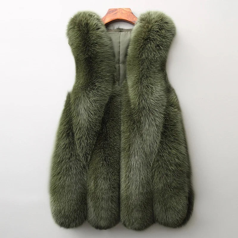 Women's Fur Vest Relaxed Fit Thigh Length Warm Beige - 
Fashinoza