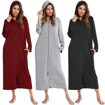 Women's Hooded Fleece Nightdress Zip-Up - Fashinoza