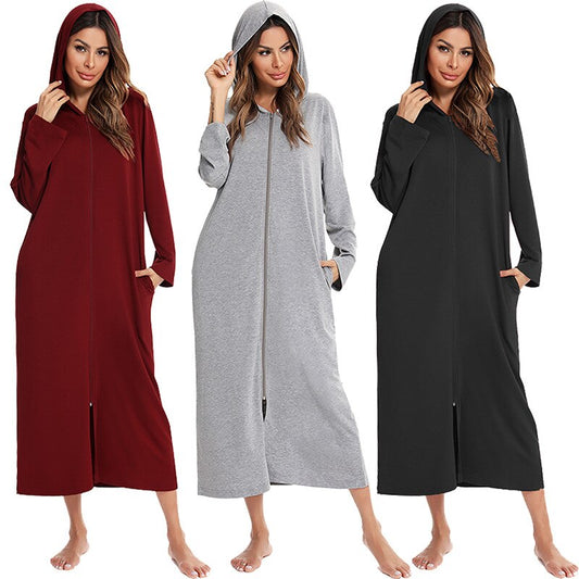 Women's Hooded Fleece Nightdress Zip-Up - Fashinoza