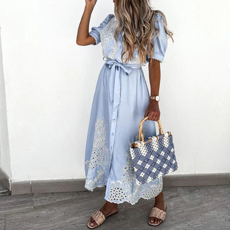 Women's Embroidered Blue Day Dress - Fashinoza
