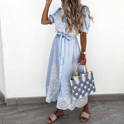Women's Embroidered Blue Day Dress - Fashinoza