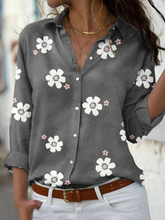 Women's Floral Blouse Cotton Button Front Rolled Sleeves - 
Fashinoza