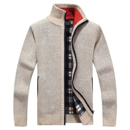 Men's Knitted Sweater Zipper Warm Beige - Fashinoza