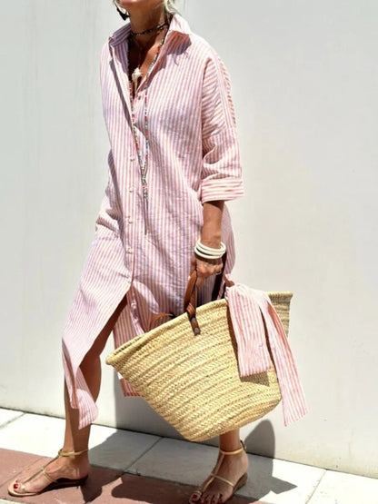 Women's Striped Shirt Dress Casual Cotton - 
Fashinoza