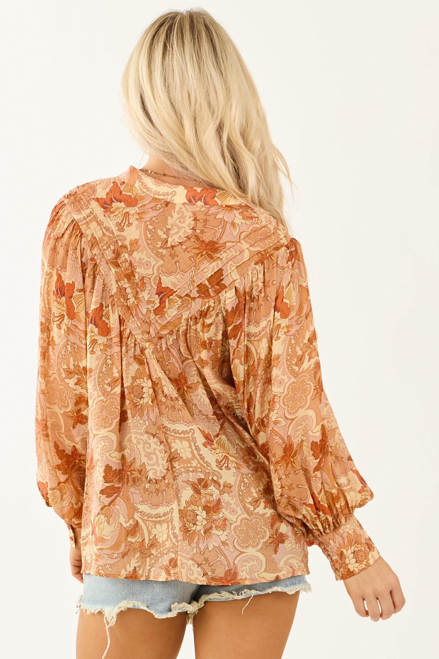 Women's Paisley Blouse Pleated Button-Up Floral Print