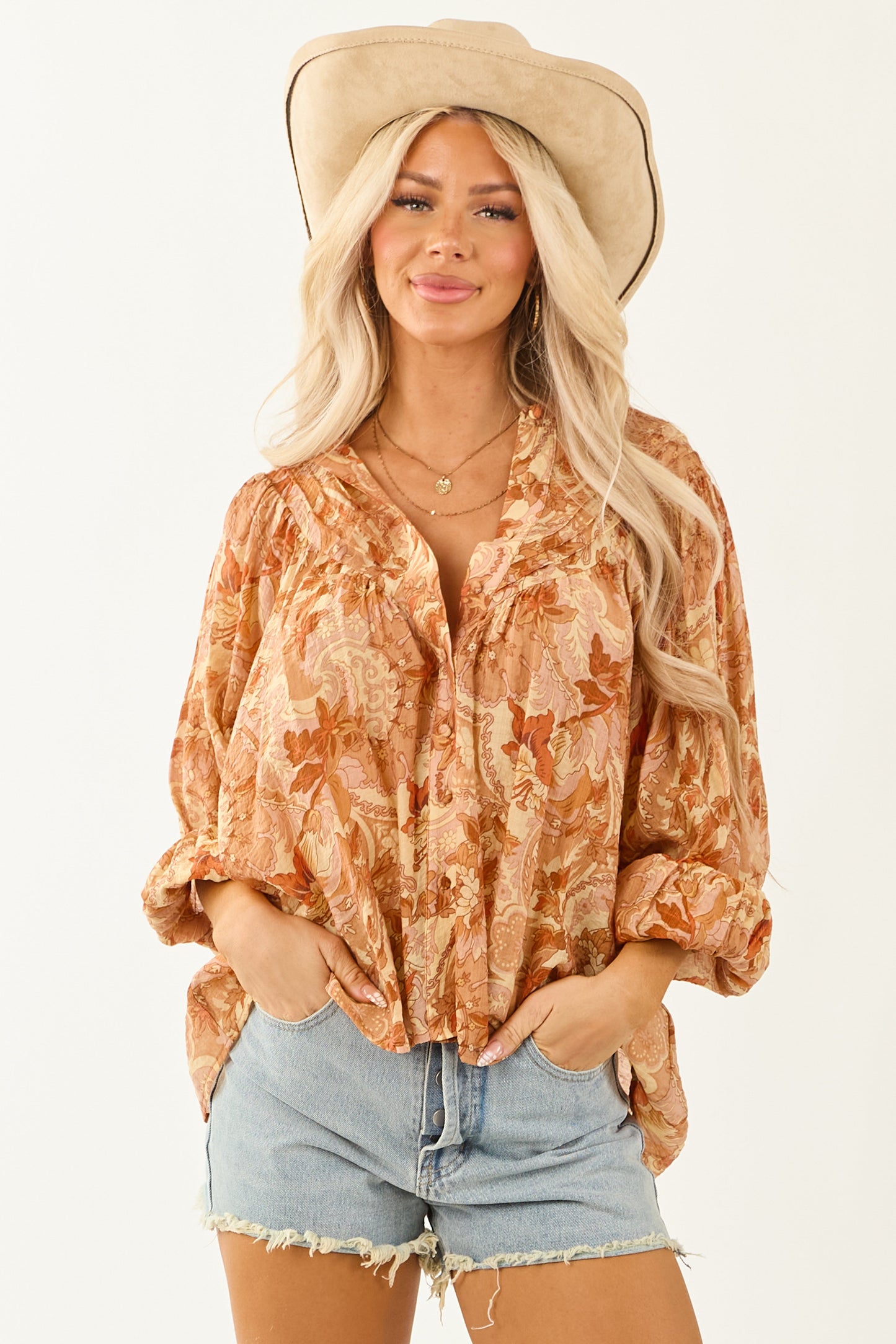 Women's Paisley Blouse Pleated Button-Up Floral Print - Fashinoza