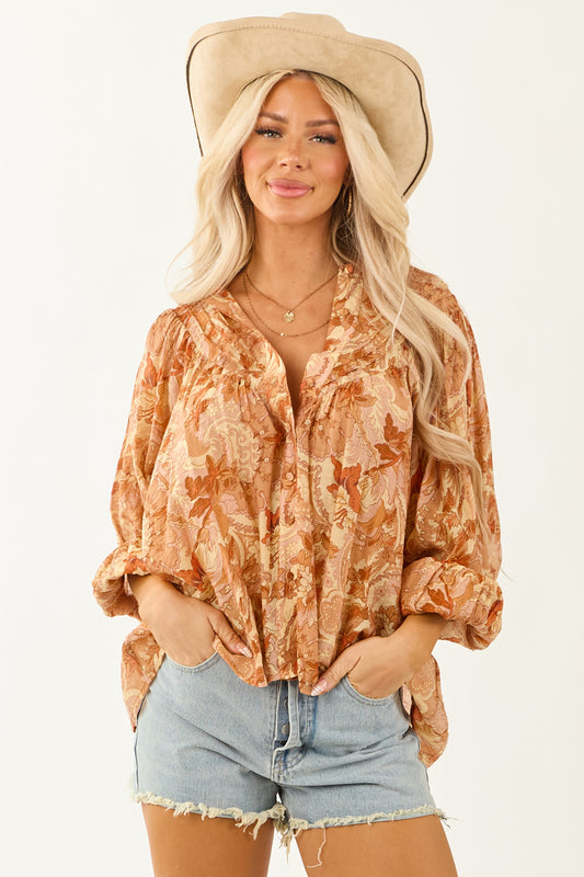 Women's Paisley Blouse Pleated Button-Up Floral Print - Fashinoza