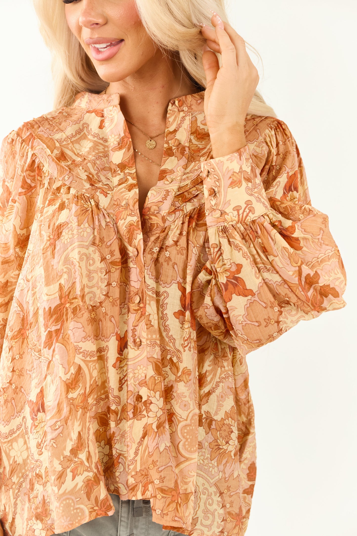 Women's Paisley Blouse Pleated Button-Up Floral Print