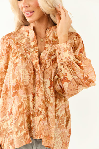Women's Paisley Blouse Pleated Button-Up Floral Print