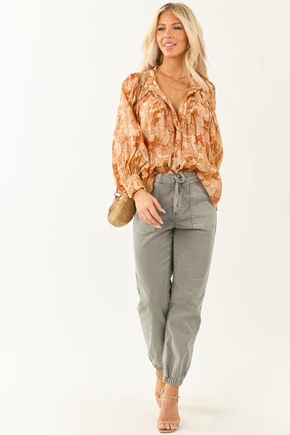 Women's Paisley Blouse Pleated Button-Up Floral Print