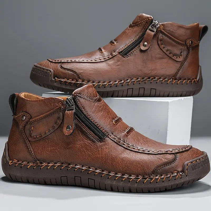 Men's Moccasin Shoes Leather Round Toe Brown