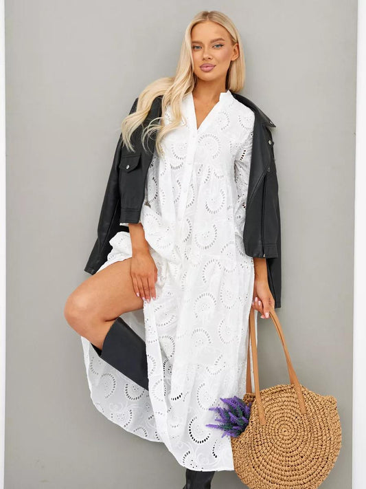 Cotton Crochet White Dress with Flare Sleeves
