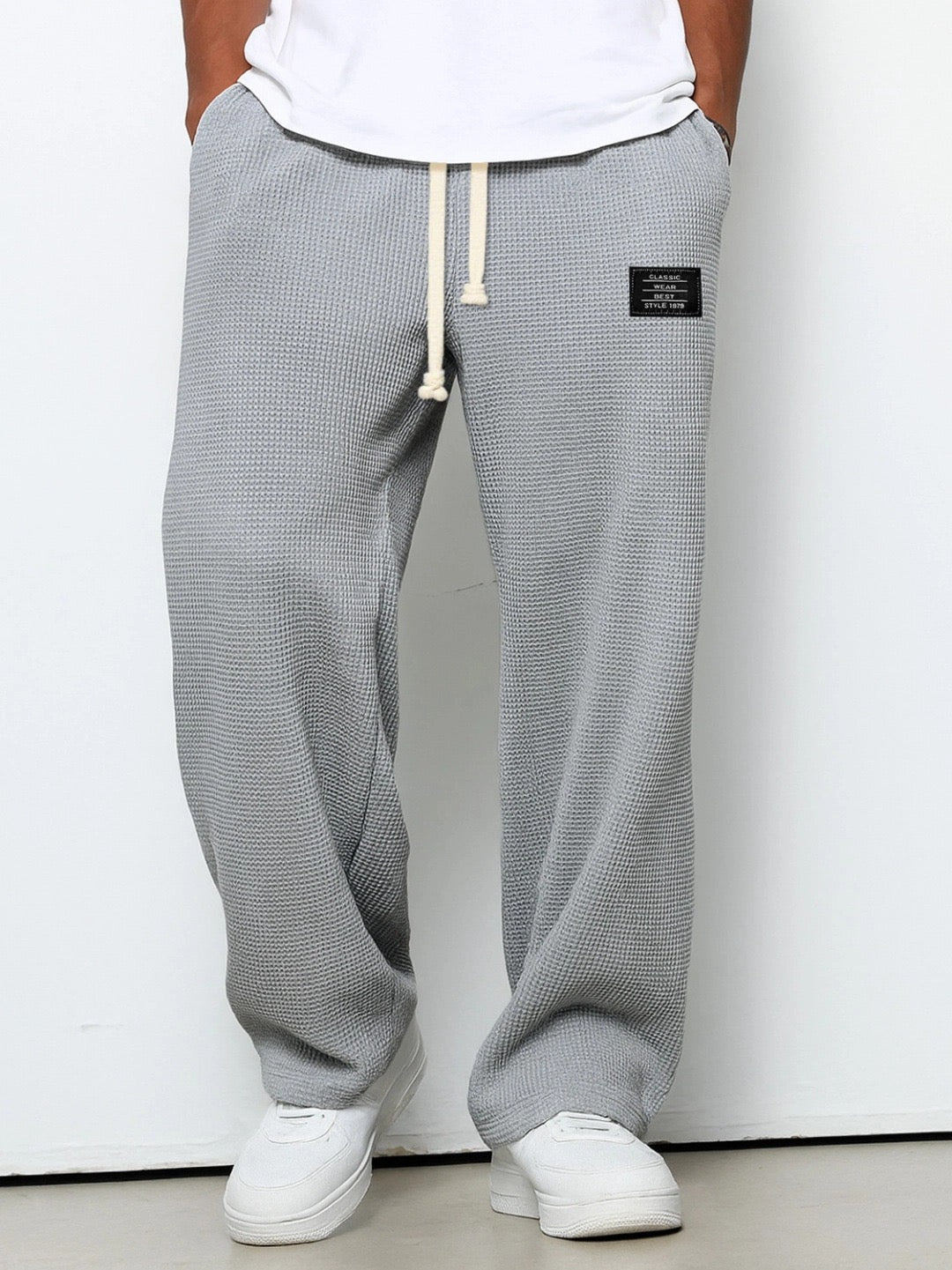 Men's Waffle Pants Drawstring Wide Leg Cotton - 
Fashinoza