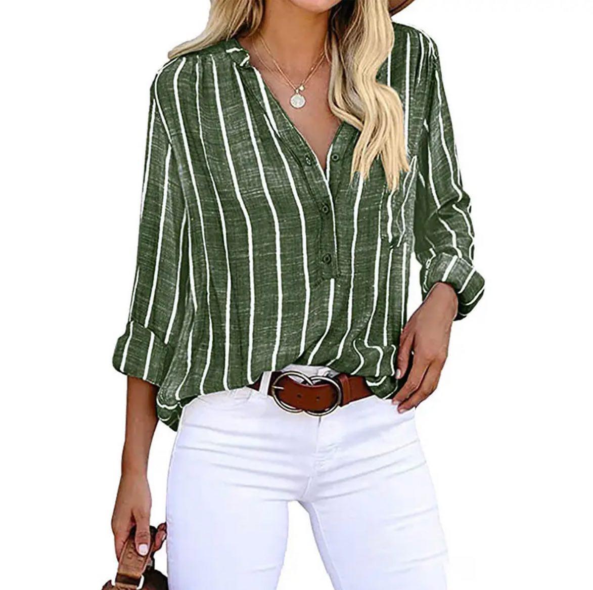 Women's Striped Long Sleeve Blouse Button Front