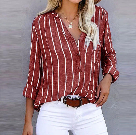 Women's Striped Long Sleeve Blouse Button Front - Fashinoza