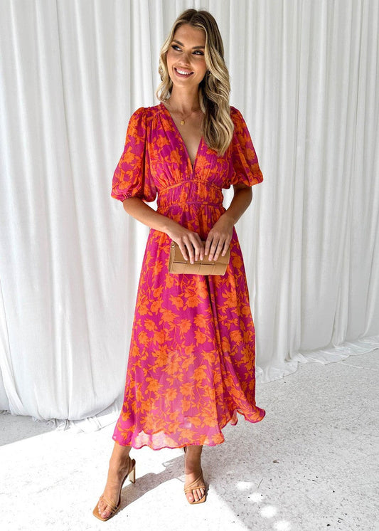 Women's Floral Midi Dress Puff Sleeves V-Neck - 
Fashinoza