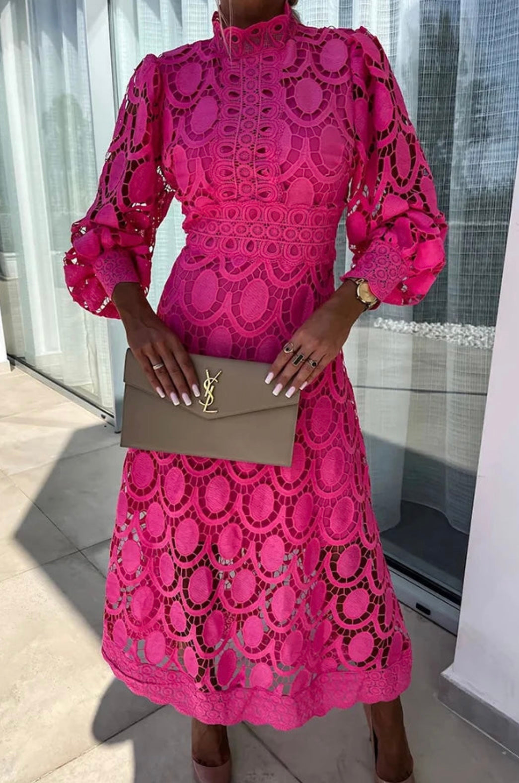 Women's Midi Dress Lace Waist Defined - Fashinoza