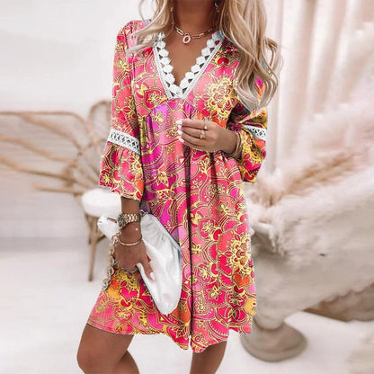 Women's Bohemian V-Neck Lace Dress - Fashinoza
