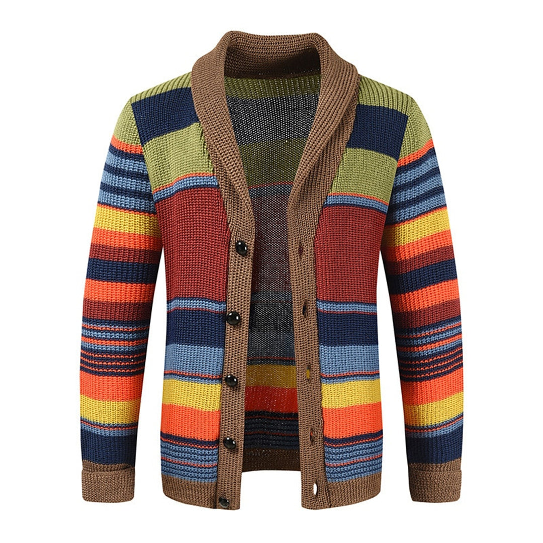 Men's Striped Knit Cardigan Shawl Collar Button Front - Fashinoza