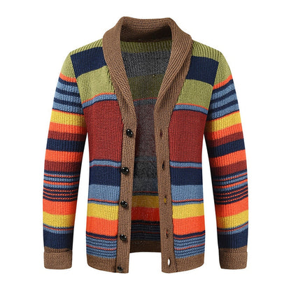 Men's Striped Knit Cardigan Shawl Collar Button Front - Fashinoza