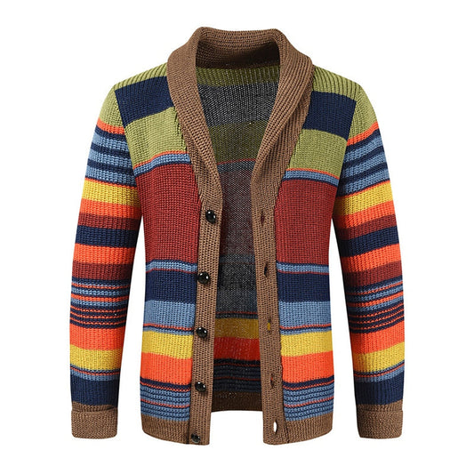 Men's Striped Knit Cardigan Shawl Collar Button Front - Fashinoza