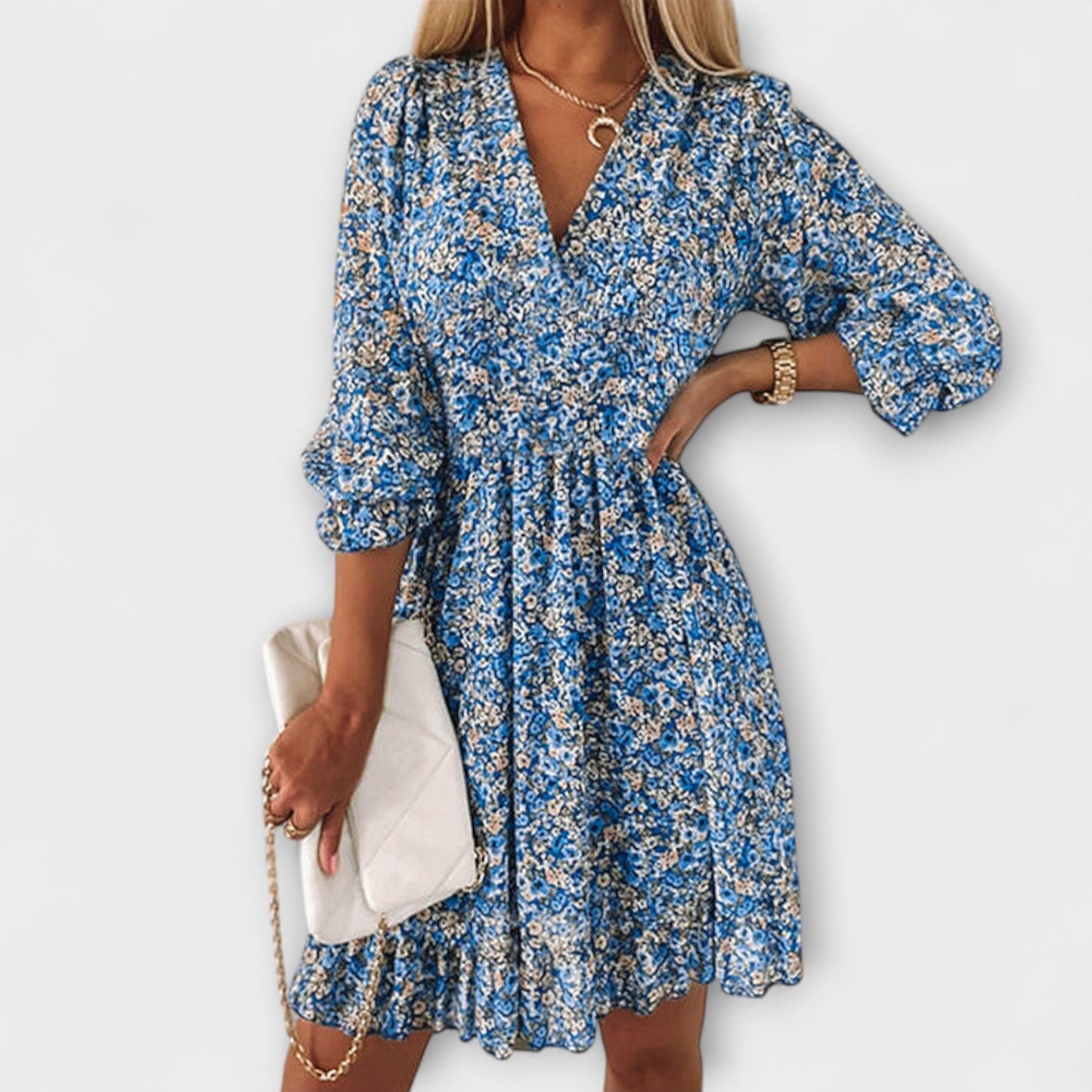 Women's Floral V Neck Mini Dress Long Sleeves