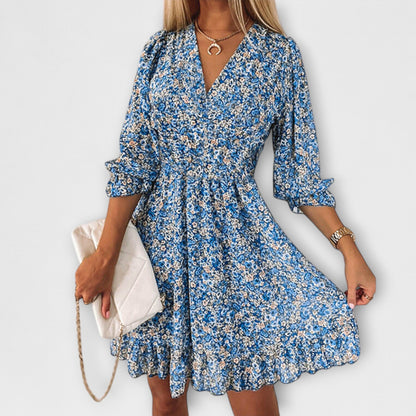 Women's Floral V Neck Mini Dress Long Sleeves