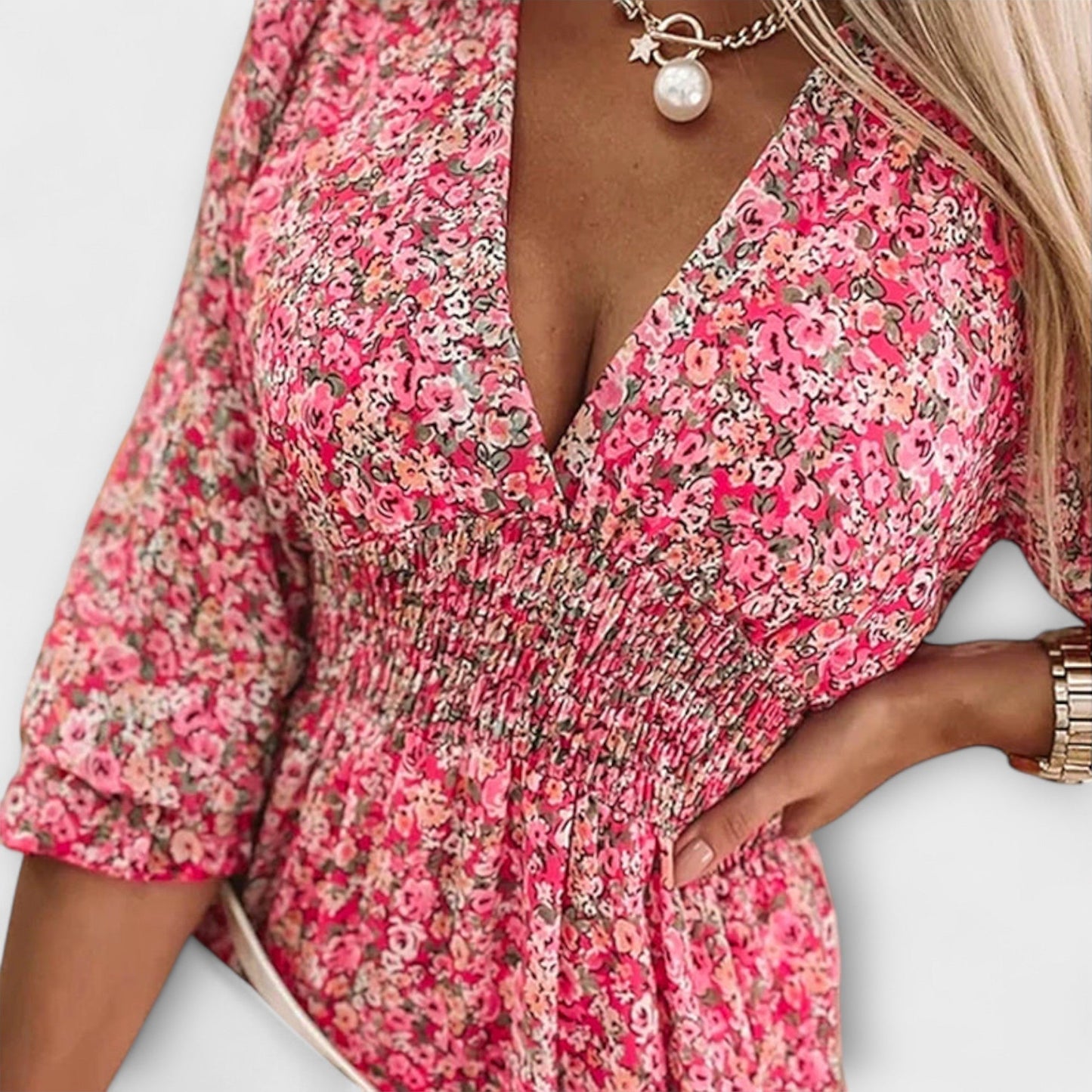 Women's Floral V Neck Mini Dress Long Sleeves