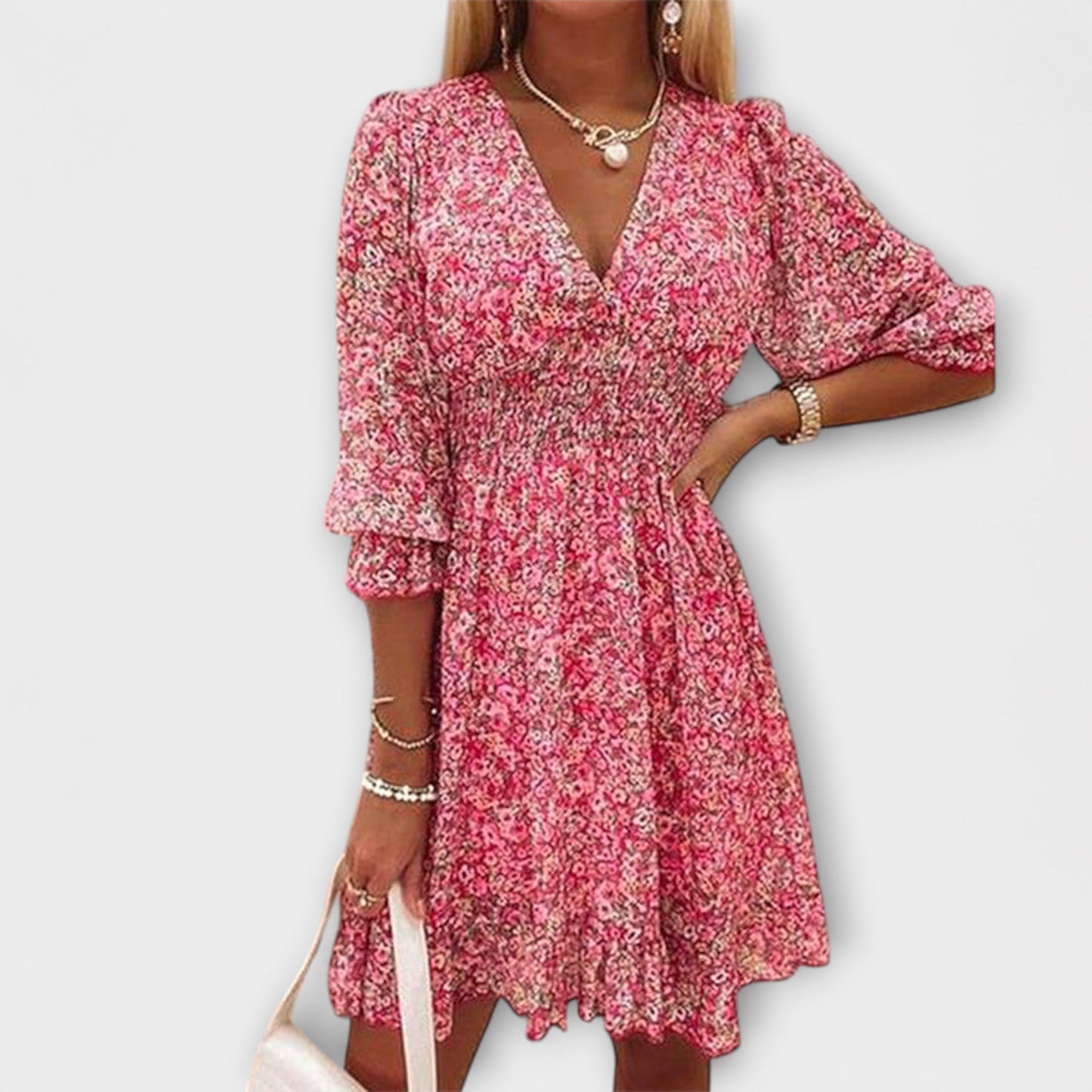 Women's Floral V Neck Mini Dress Long Sleeves - Fashinoza