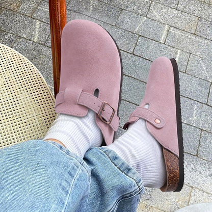 Women's Faux Suede Mules Cork Sole Clogs with Adjustable Buckle Strap
