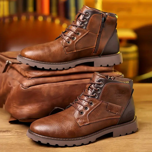Men's Ankle Boots Lace-Up Leather Side Zipper Brown - Fashinoza