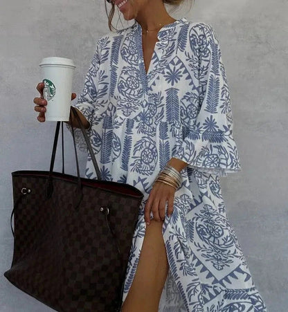Women's Boho Print V-Neck Swing Dress